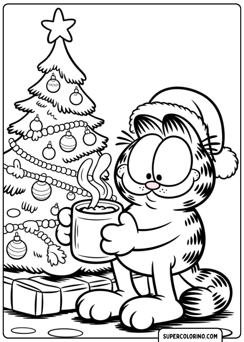 Garfield boit une tasse de thé colorant.