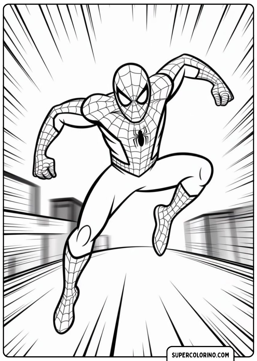 Spider-Man traverse la ville à grande vitesse, avec un effet de flou de mouvement en arrière-plan.