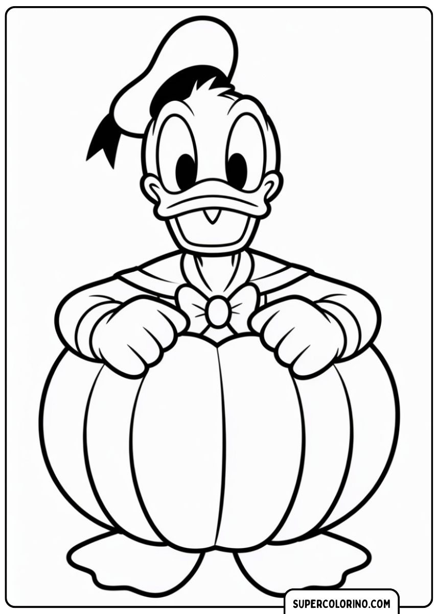 Donald Duck mit Matrosenhut umarmt einen großen Kürbis.