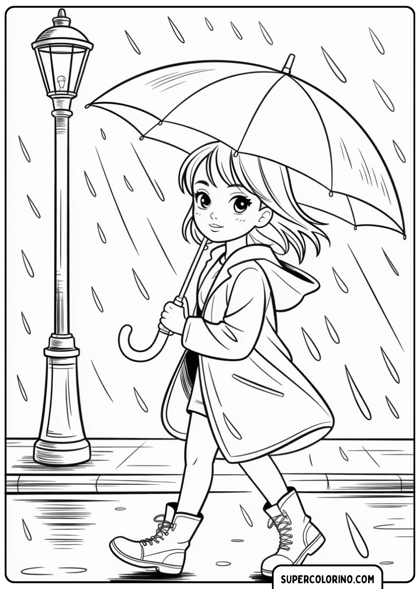 Ein Mädchen mit einem großen Regenschirm läuft im Regen.