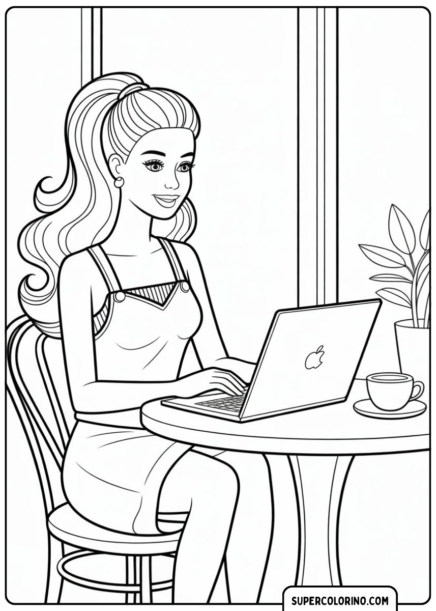 Barbie werkt op de computer