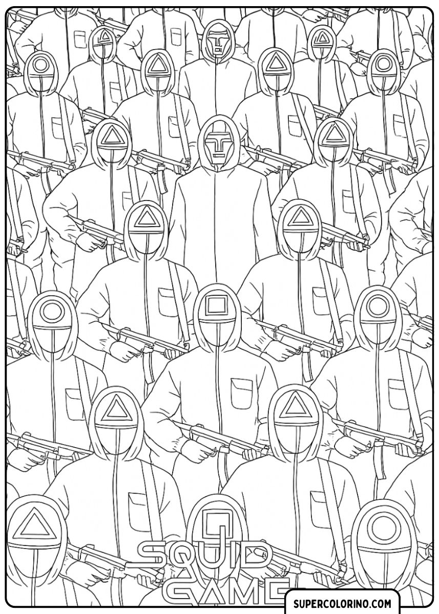 Ein Ausmalbild, das eine riesige Menge von „Squid Game“-Wächtern in roten Anzügen zeigt, alle tragen schwarze Masken mit unterschiedlichen Symbolen (Kreis, Dreieck, Quadrat) und Waffen in ihren Händen.