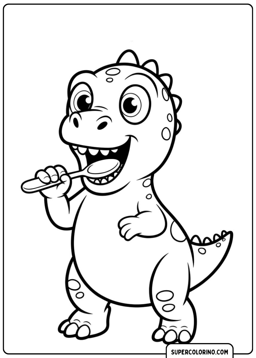 Kleurplaat van een dinosaurus die zijn tanden poetst.