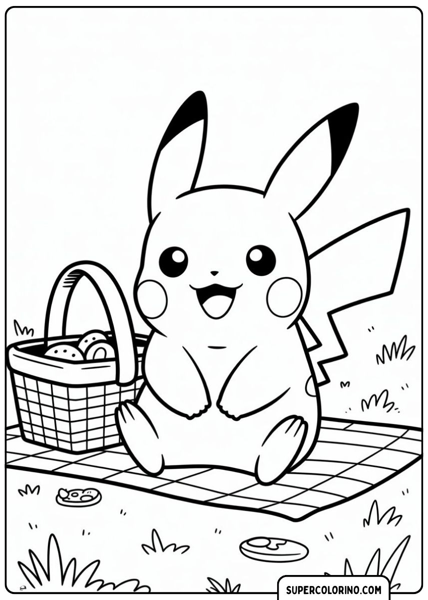 Pikachu picknickt buiten.