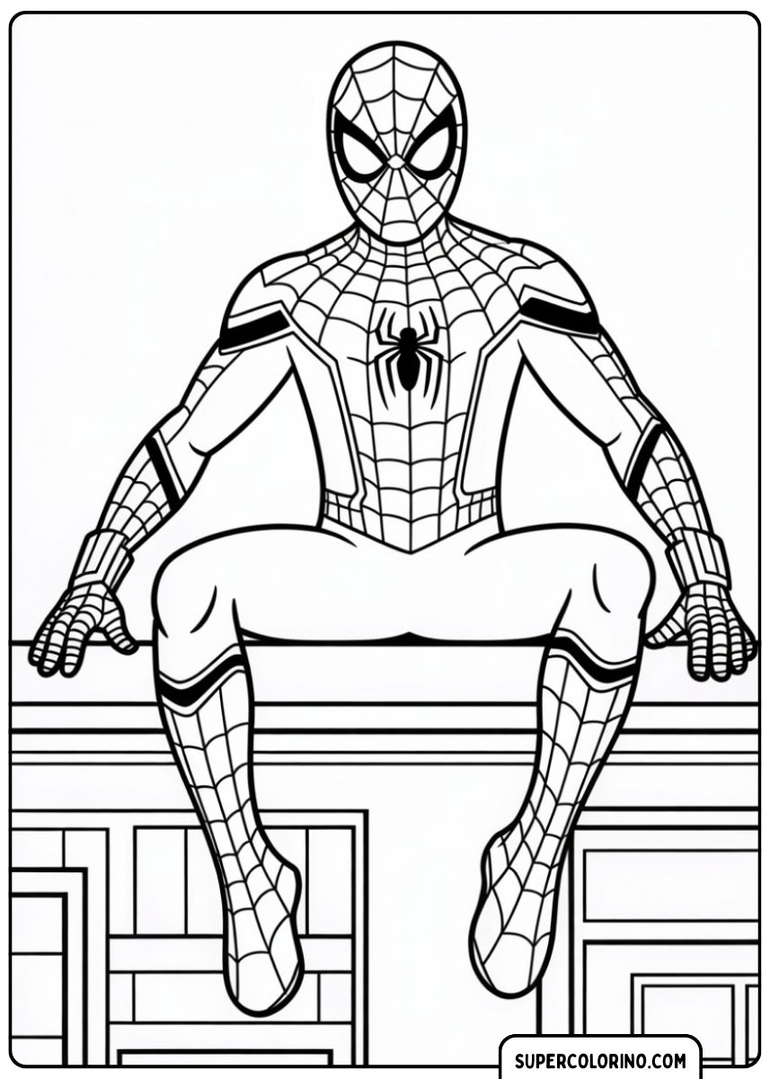 Spider-Man assis et se relaxant sur le rebord du toit.
