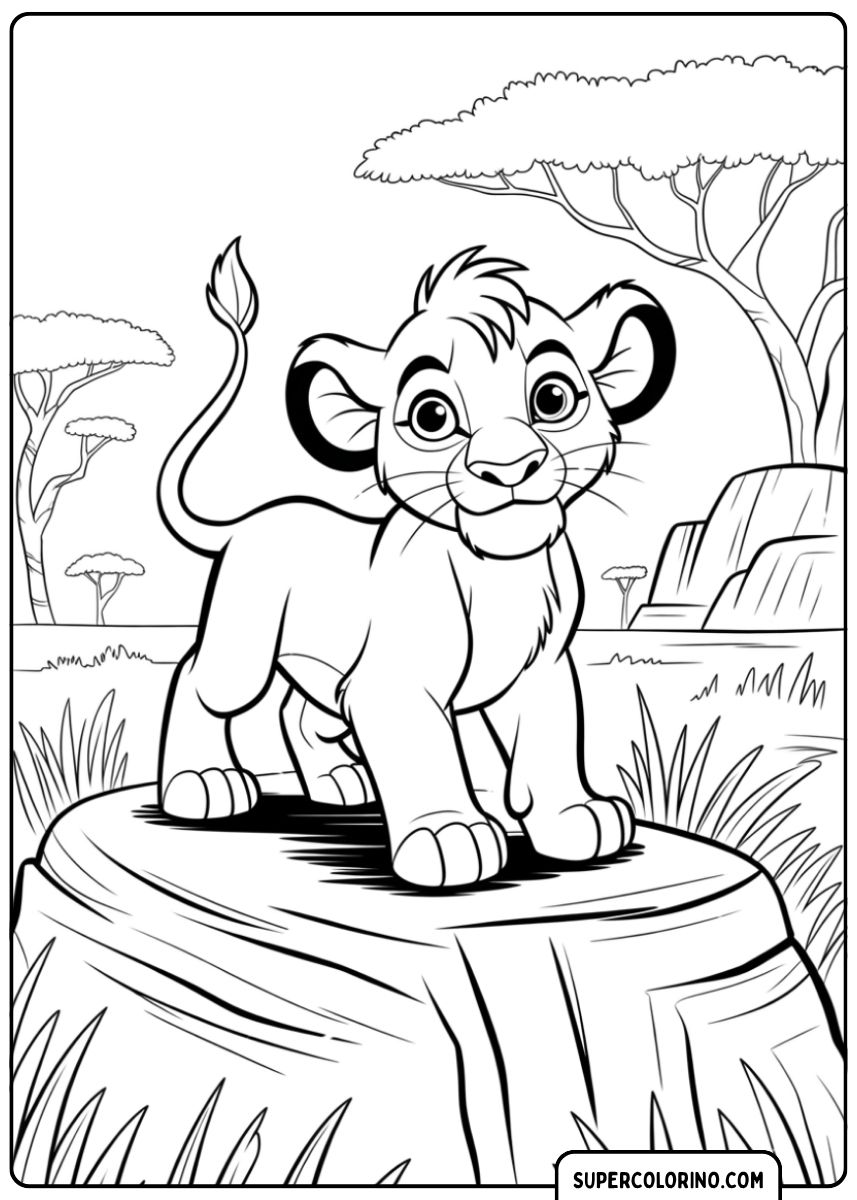 Coloriage Jeune lion (Simba, Le Roi Lion) debout sur une bûche dans la savane.