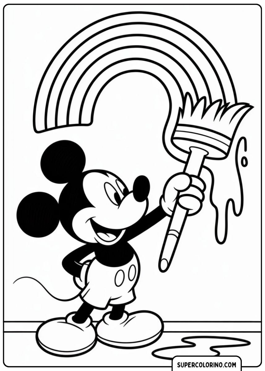 Image à colorier de Mickey Mouse peignant un arc-en-ciel avec un pinceau géant.