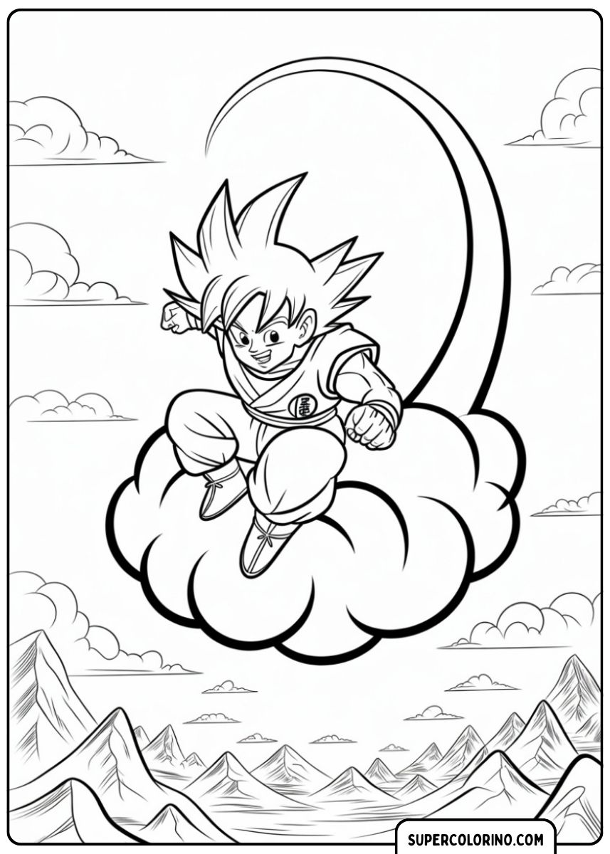 Un jeune Goku volant sur le Speedy Cloud dans le ciel