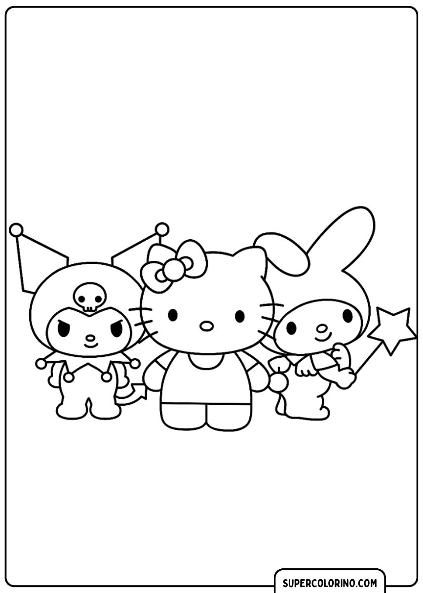 Malvorlage von Kuromi, My Melody und Hello Kitty zusammen.