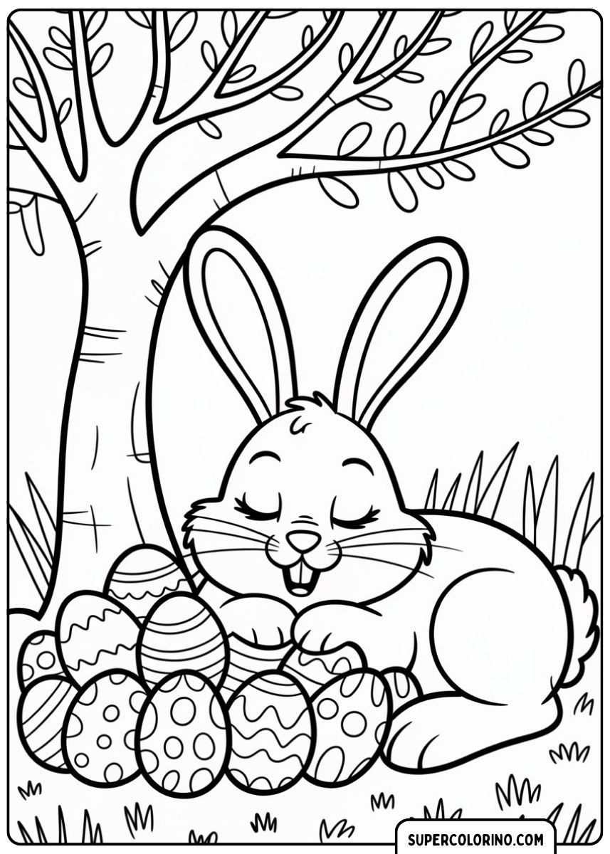 Osterhase schläft süß neben einem großen Ei.