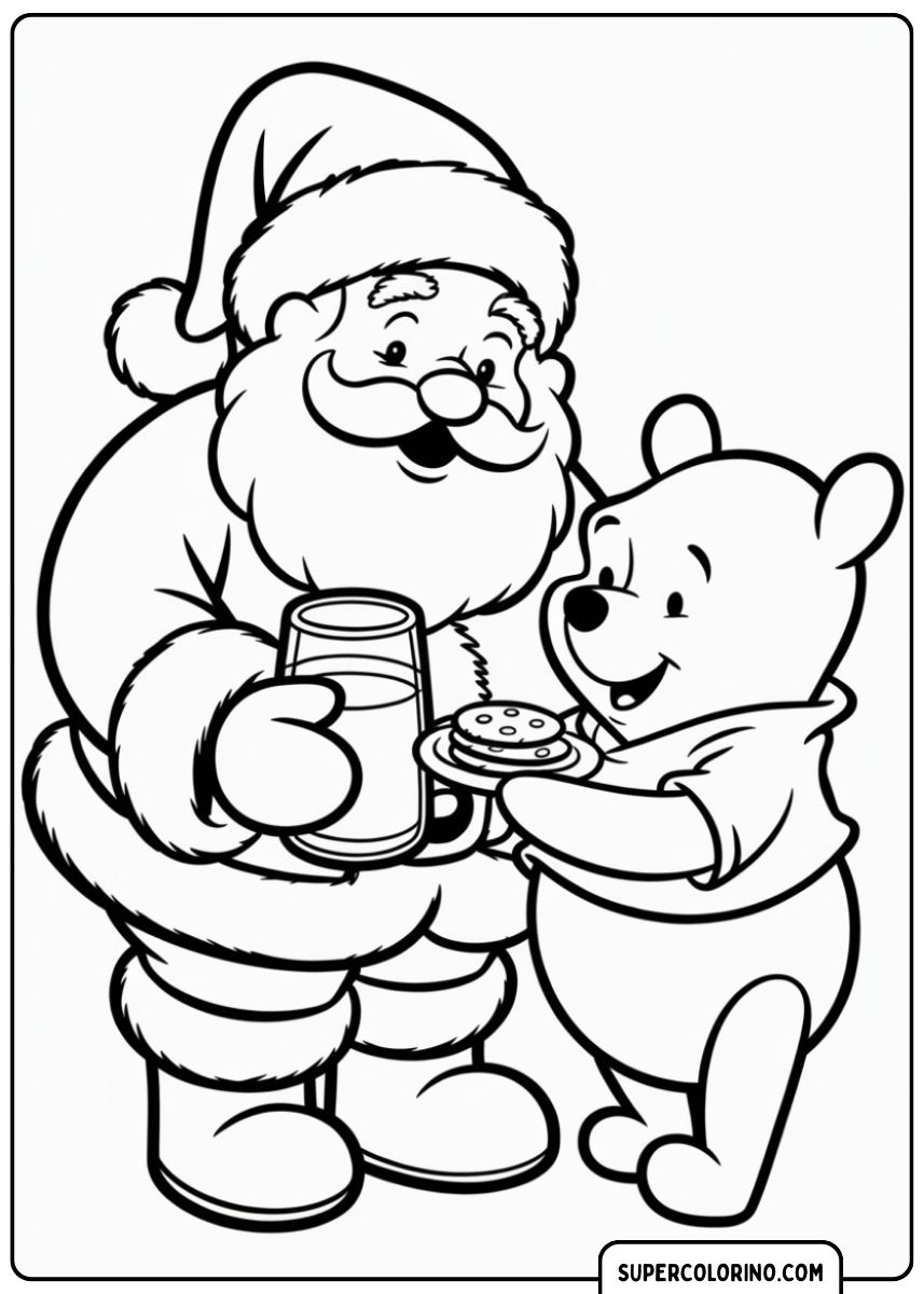 Der Weihnachtsmann und Winnie the Pooh essen gemeinsam einen Kuchen.