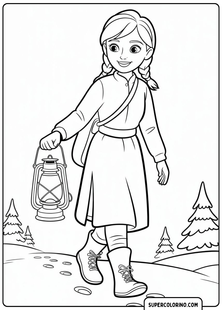 Anna in Winterkleidung geht mit einer Laterne im Schnee spazieren.