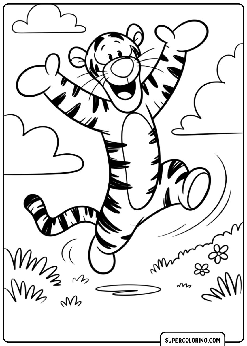 Image à colorier de Tigrou sautant en l’air avec les bras levés.