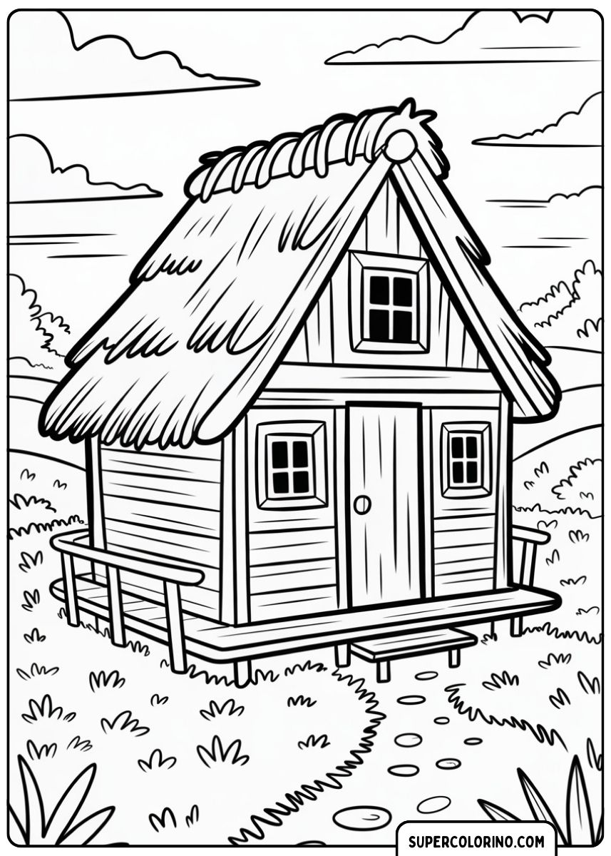 Ein Haus mit Strohdach und Holzwänden, einfach und rustikal.