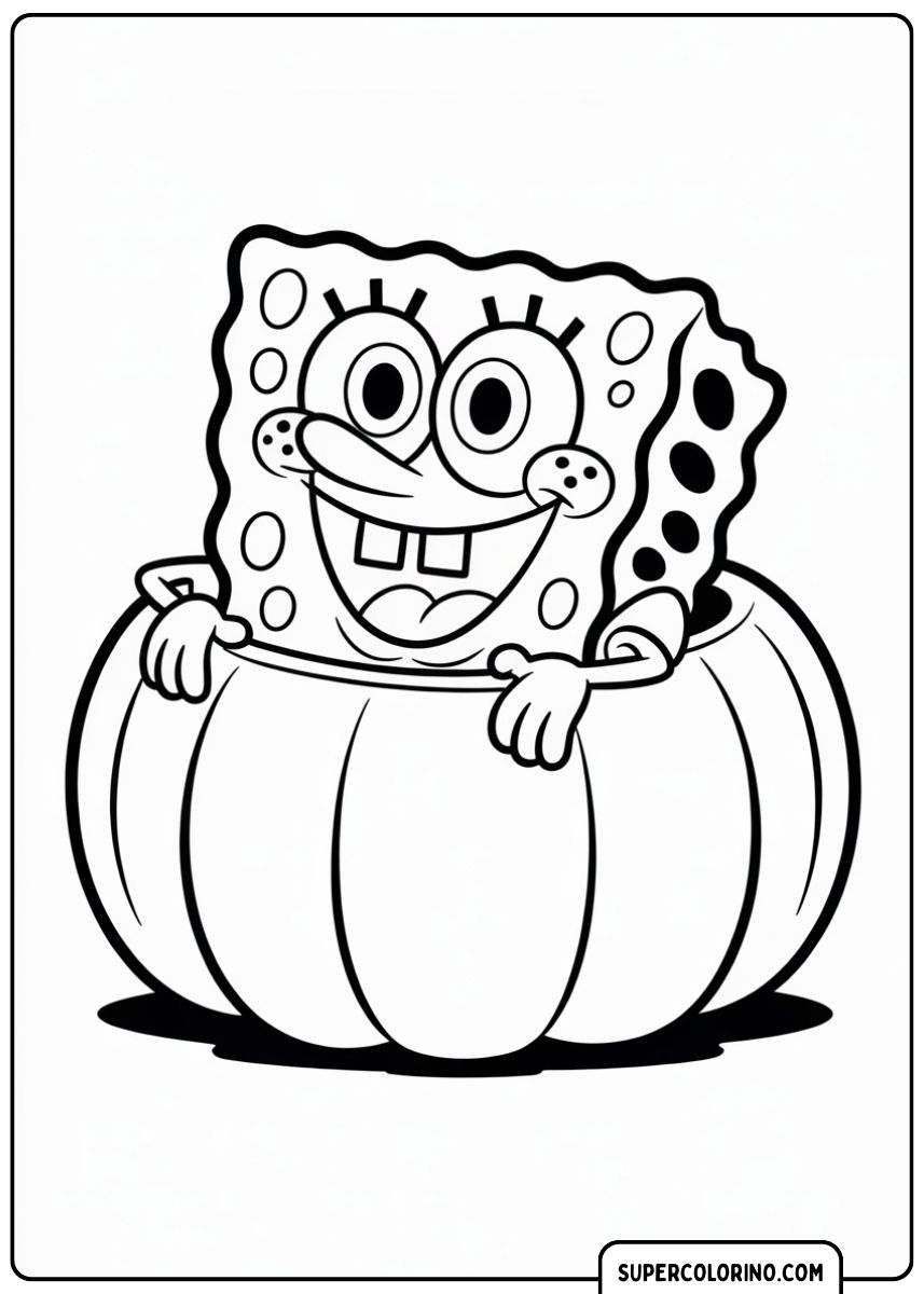 Disegno da colorare di SpongeBob che entra in una zucca di Halloween