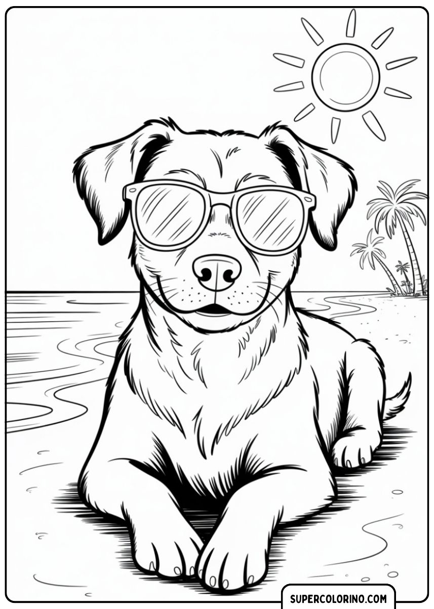 Hund spielt am Strand, Malvorlage