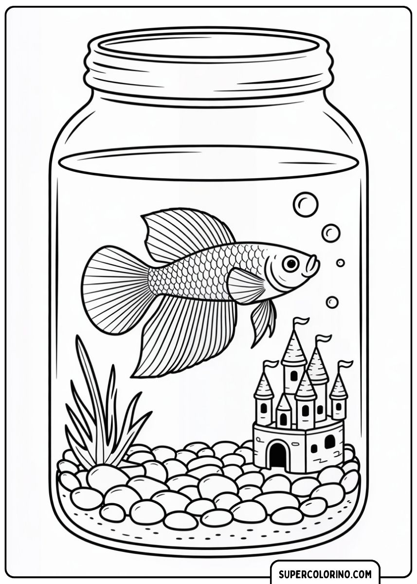 Un poisson nage dans un vase en verre avec des galets, des plantes aquatiques et un petit château.
