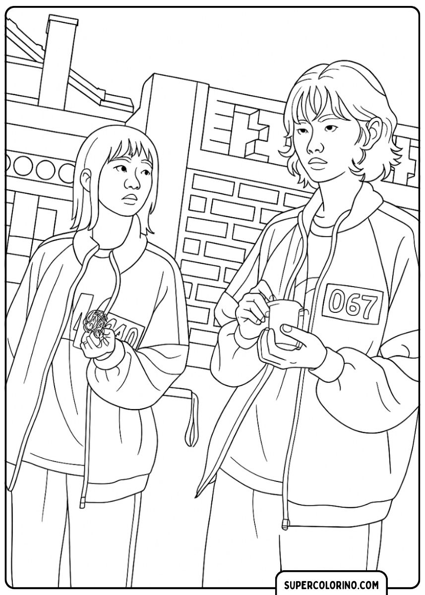 Ein Ausmalbild von Kang Sae-byeok (067) und Ji-yeong (240), die Seite an Seite stehen und einander ansehen. Ji-yeong hält eine Murmel in ihrer Hand.