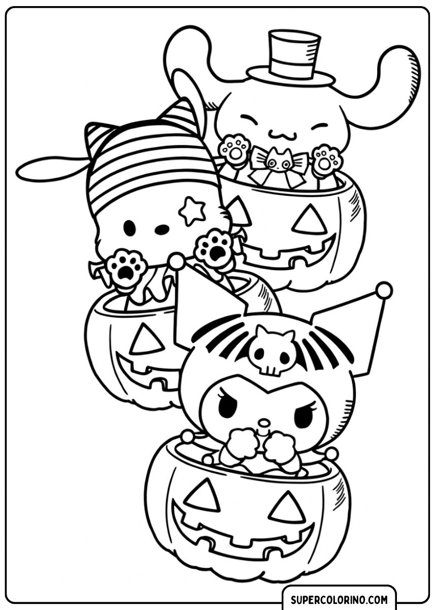 Malvorlage von Kuromi und Freunden in Halloween-Kostümen.