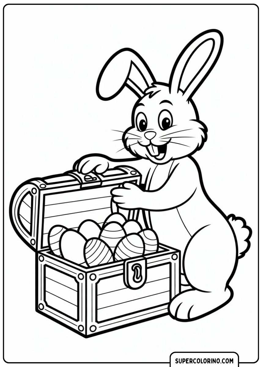 Osterhase neben einer Truhe voller bunter Eier.