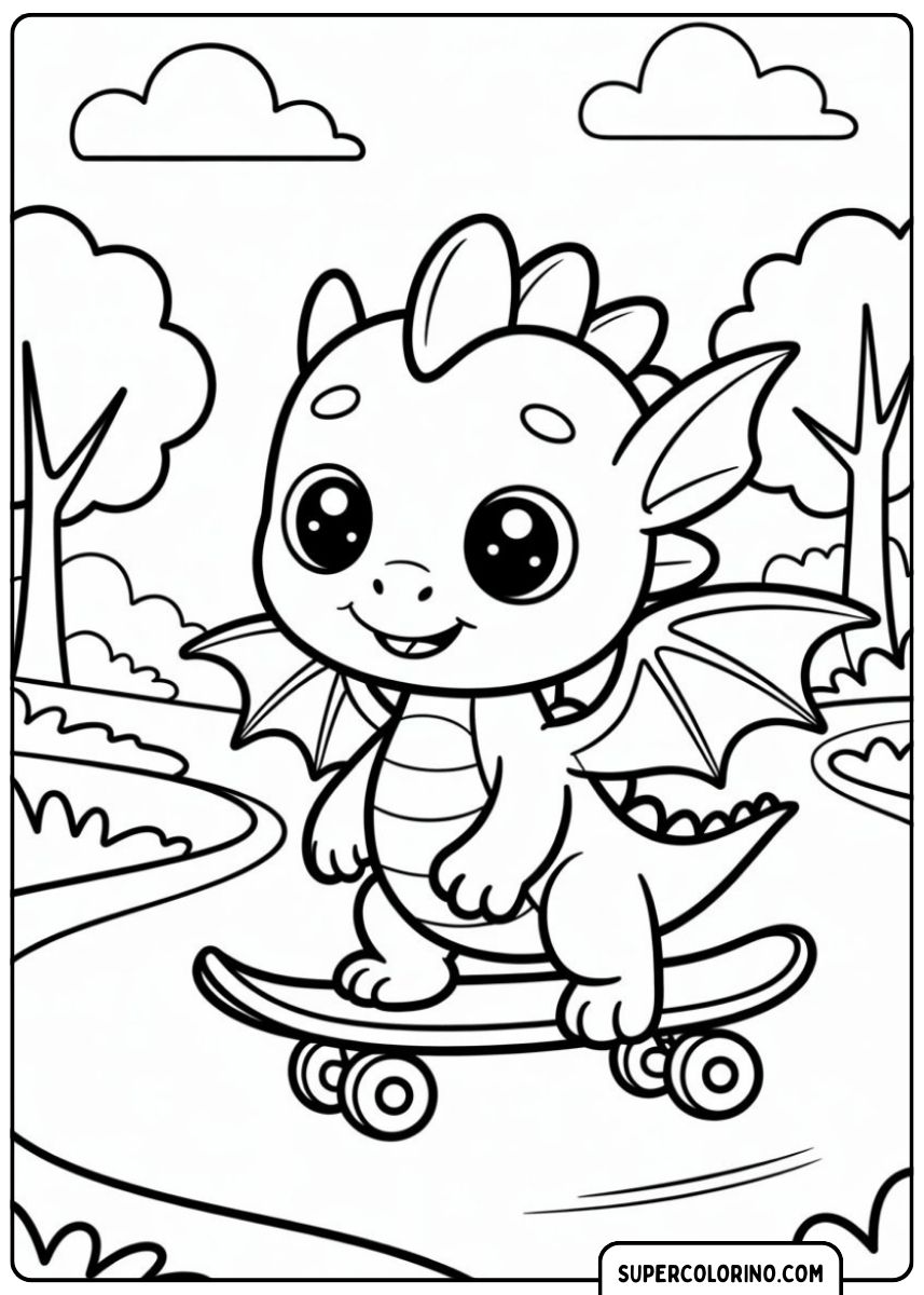 Ein Drache, der Spaß mit einem Skateboard hat.