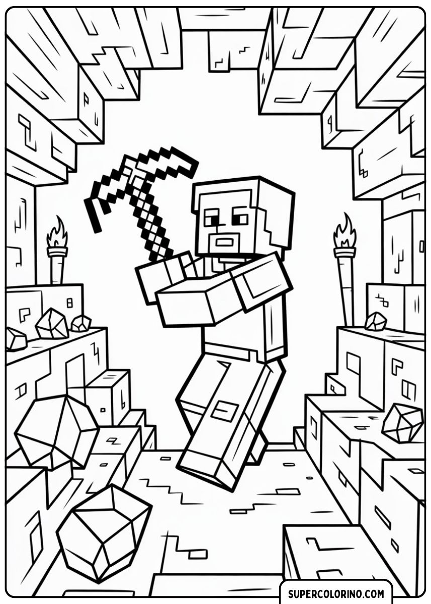 Steve in einer Minecraft-Höhle mit Taschenlampe.