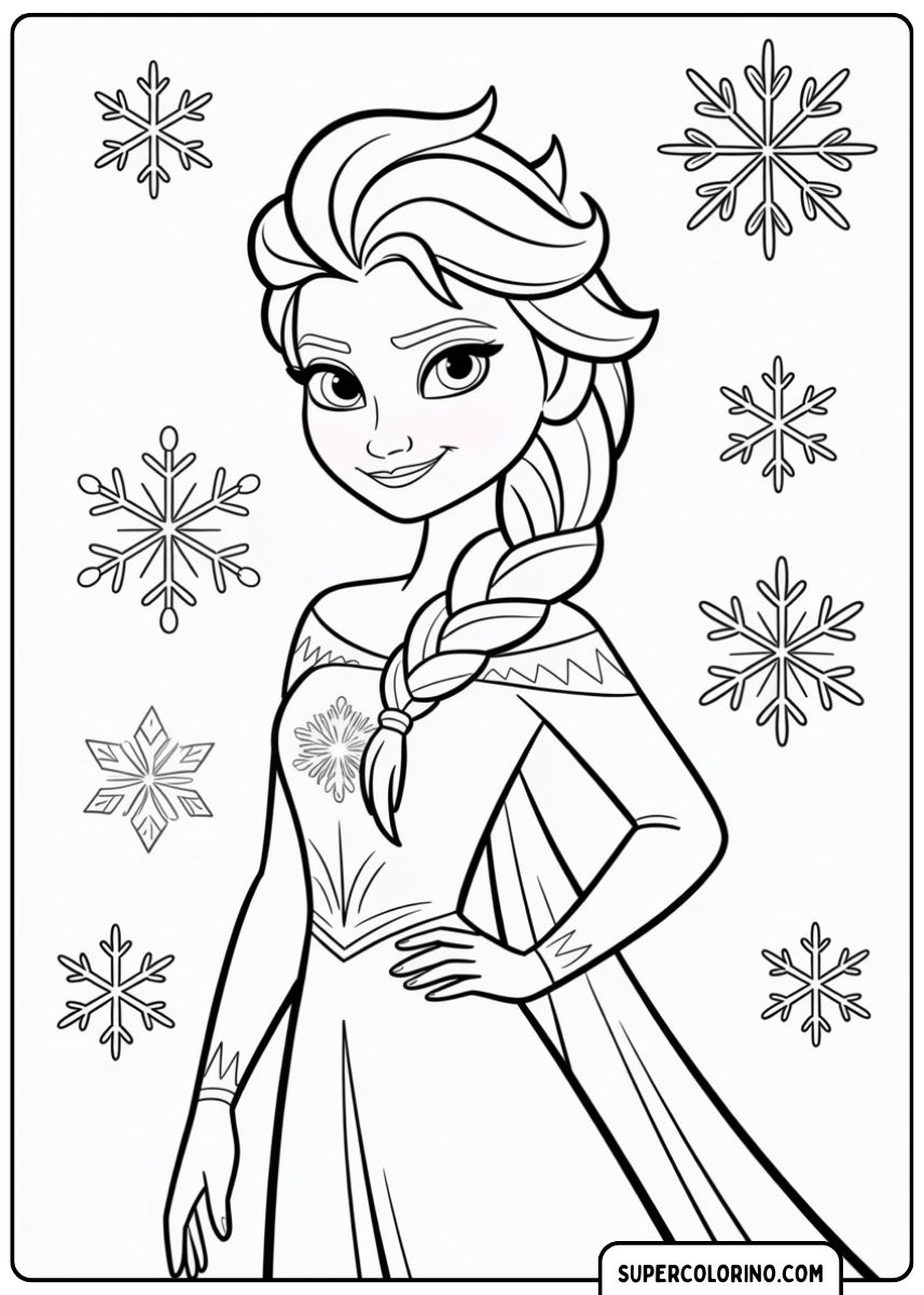 Nahaufnahme von Elsa in ihrem Eiskleid, mit einer Hand in der Hüfte und einem selbstbewussten Lächeln.