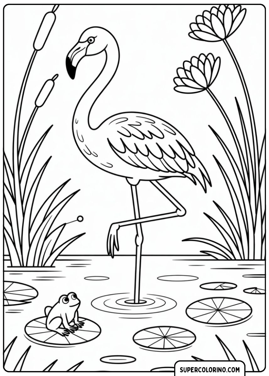 Coloriage Flamant debout dans une eau peu profonde avec une grenouille sur un nénuphar.