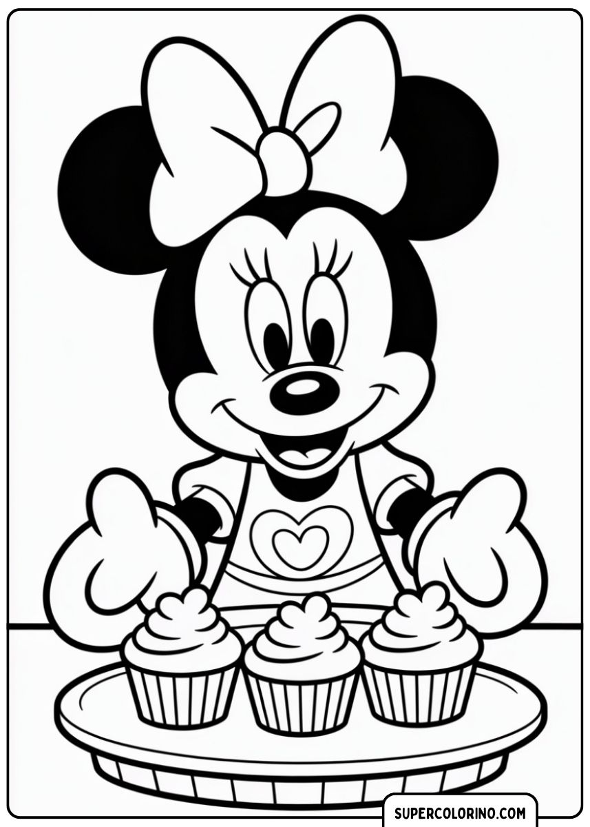 Image à colorier de Minnie Mouse avec un grand nœud, présentant trois cupcakes sur une assiette.