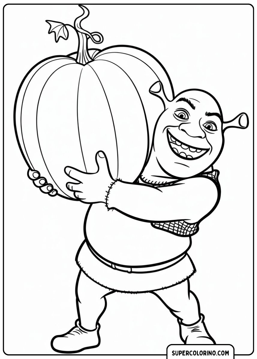 Disegno da colorare di Shrek che trasporta una grande zucca