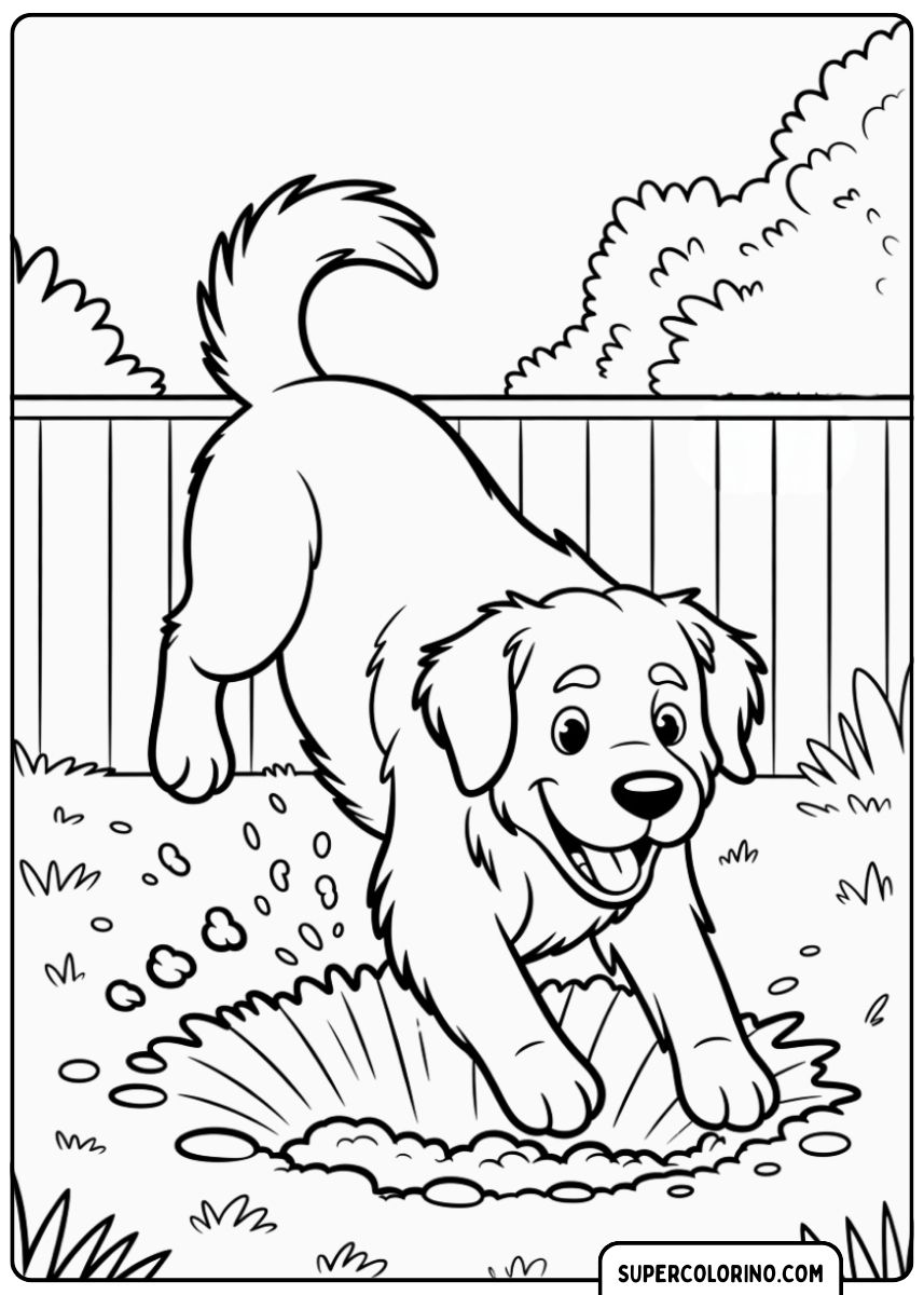 Hund spielt im Garten, Malvorlage