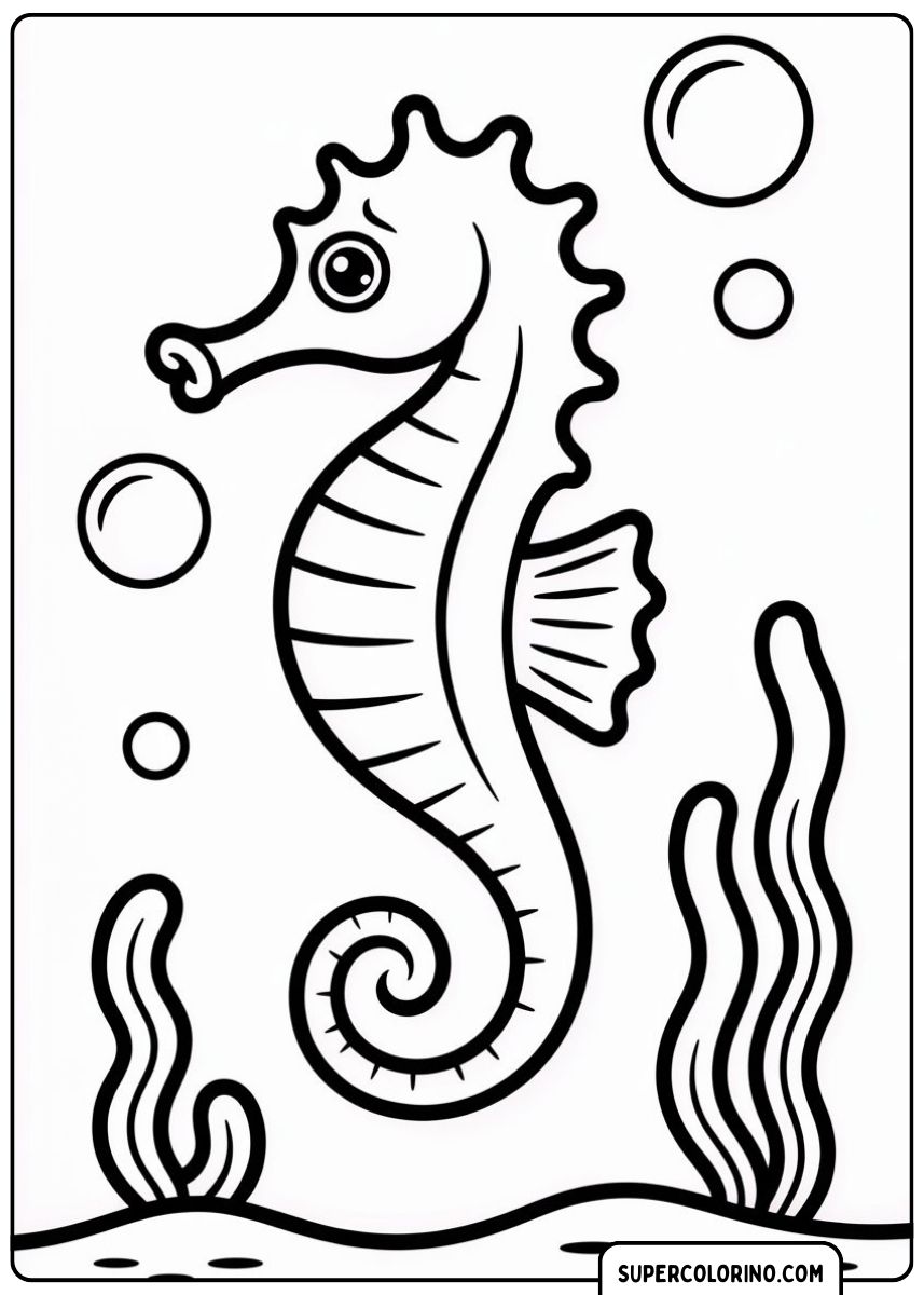 Un hippocampe nage parmi les bulles et les plantes aquatiques.