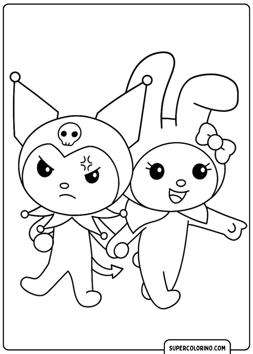 Malvorlage von Kuromi und My Melody Händchen haltend, Kuromi wütend und My Melody lächelnd.