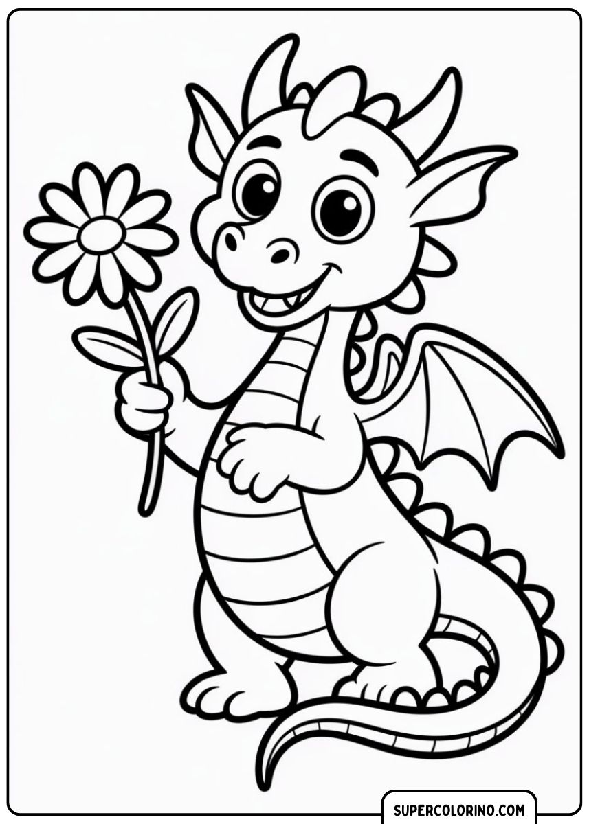 Ein kleiner Drache, der eine bunte Blume betrachtet.
