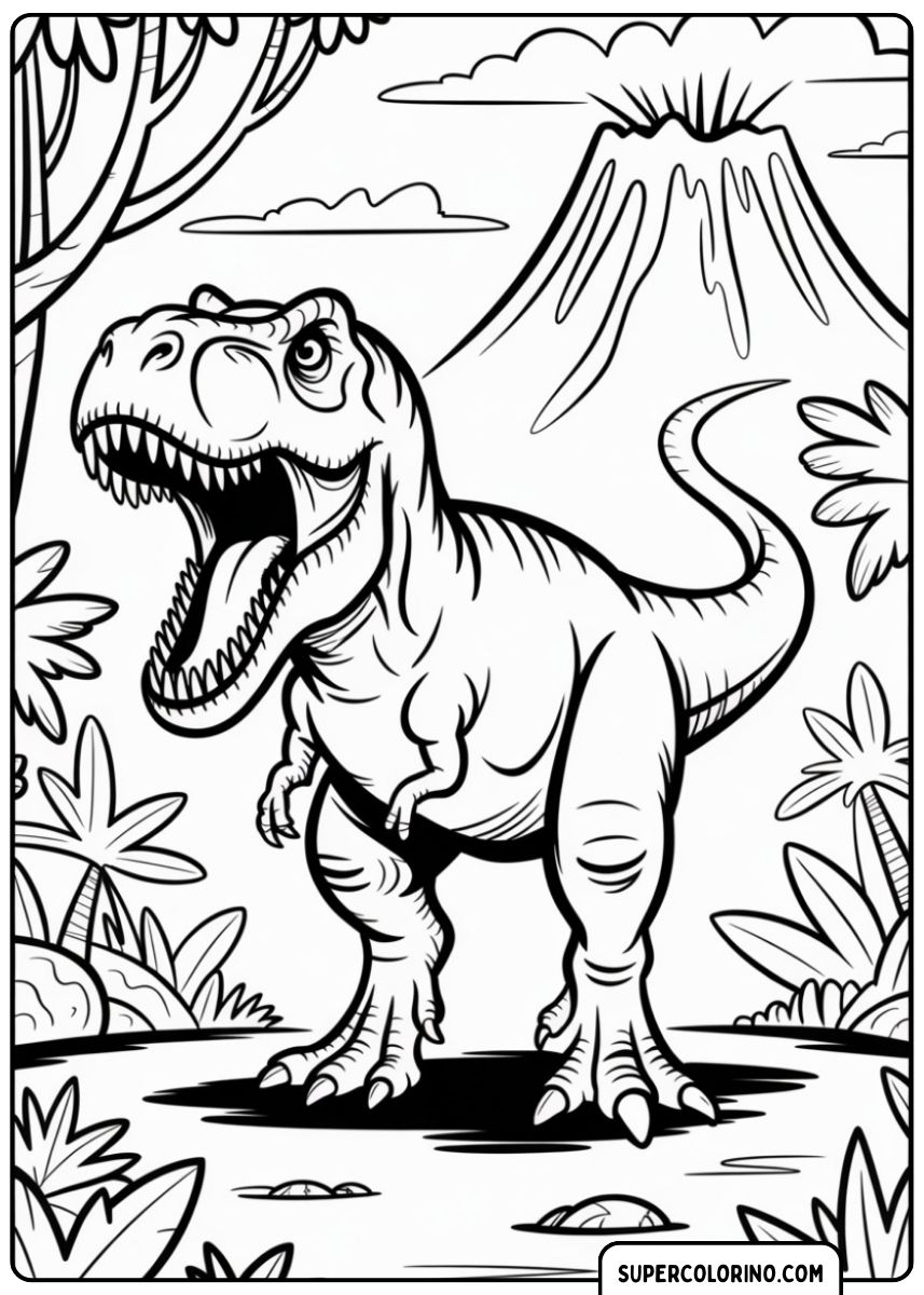 Kleurplaat van een vuurspuwende dinosaurus.