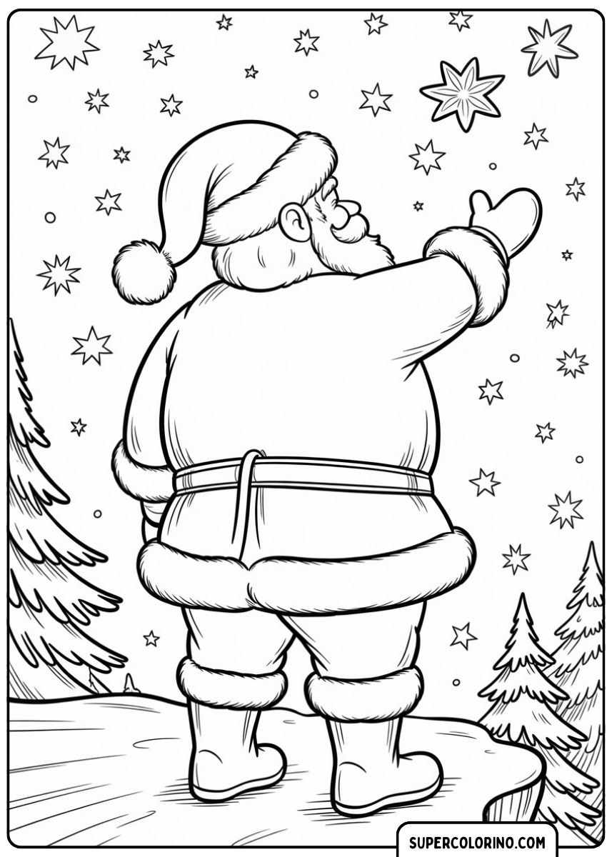 Der Weihnachtsmann sieht zu, wie der Schnee fällt.