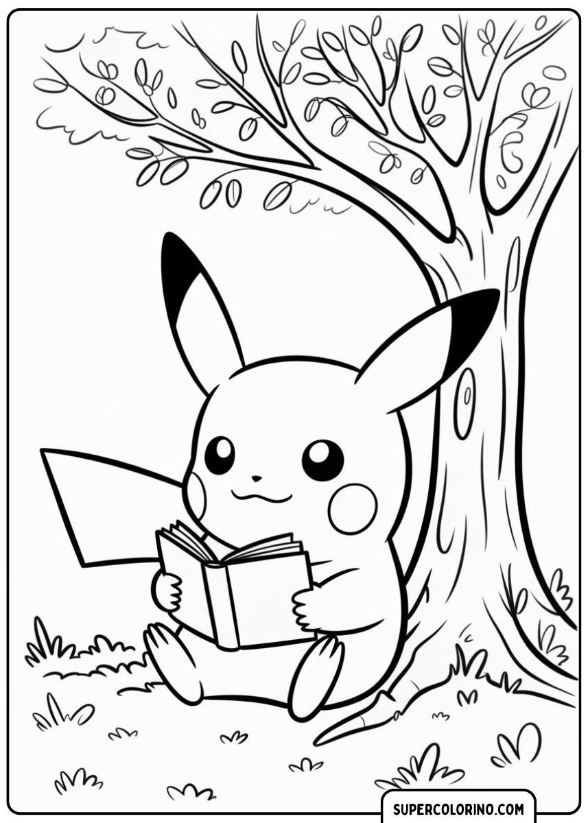 Pikachu leest een boek onder een boom.