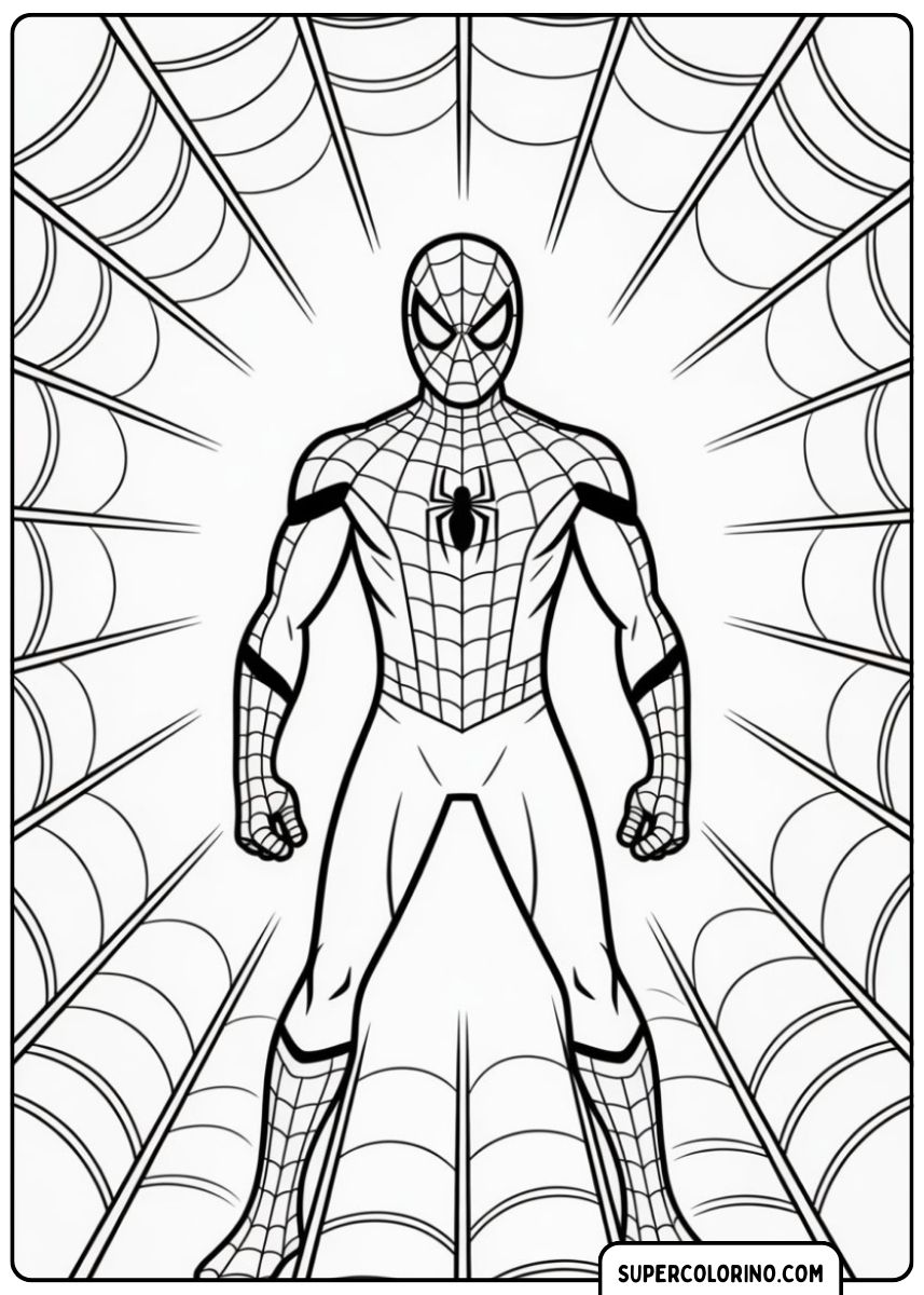 Spider-Man debout dans une pose héroïque, entouré d'un fond de toile d'araignée radiale.