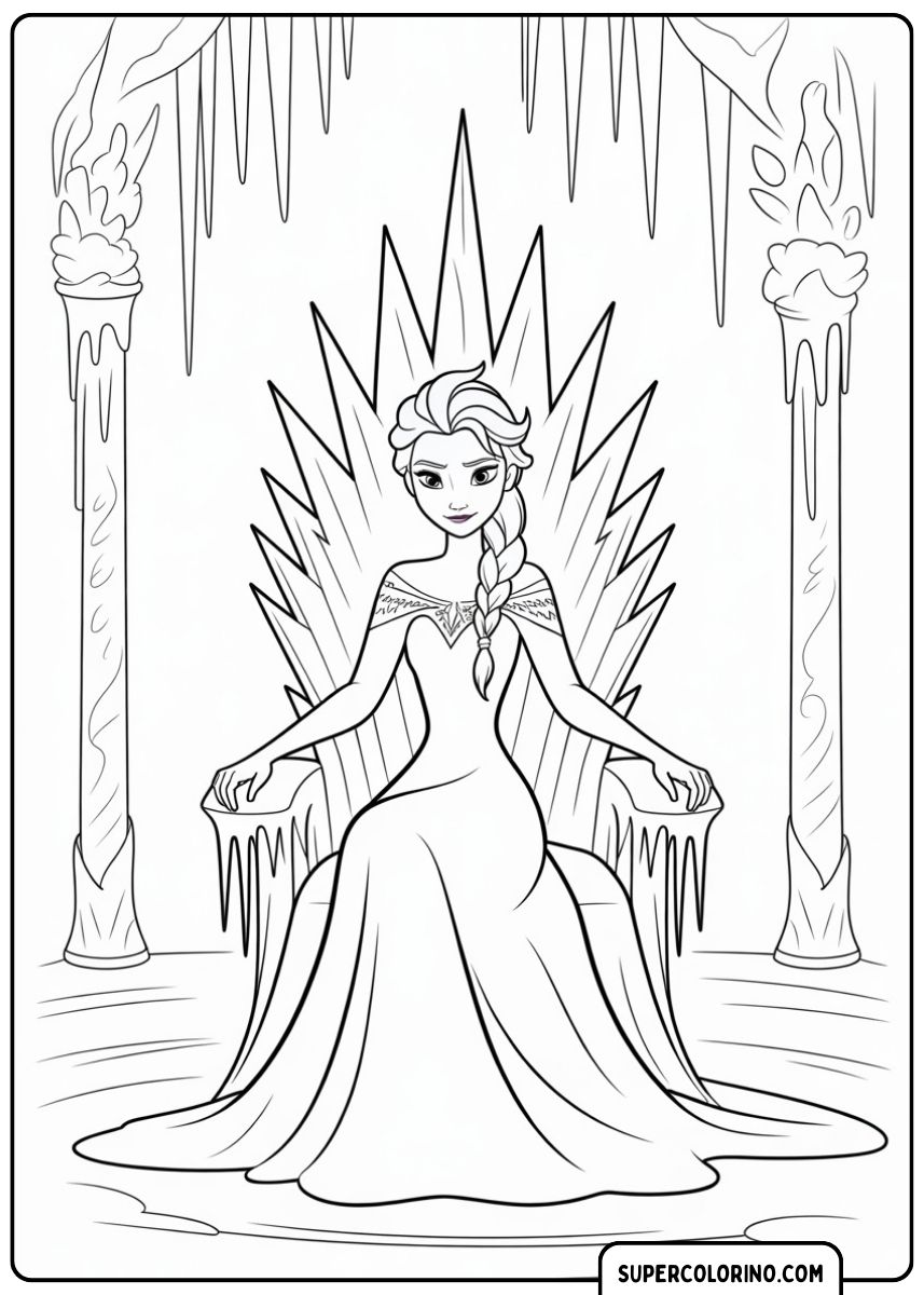 Elsa sitzt majestätisch auf einem Eisthron in ihrem Schloss.