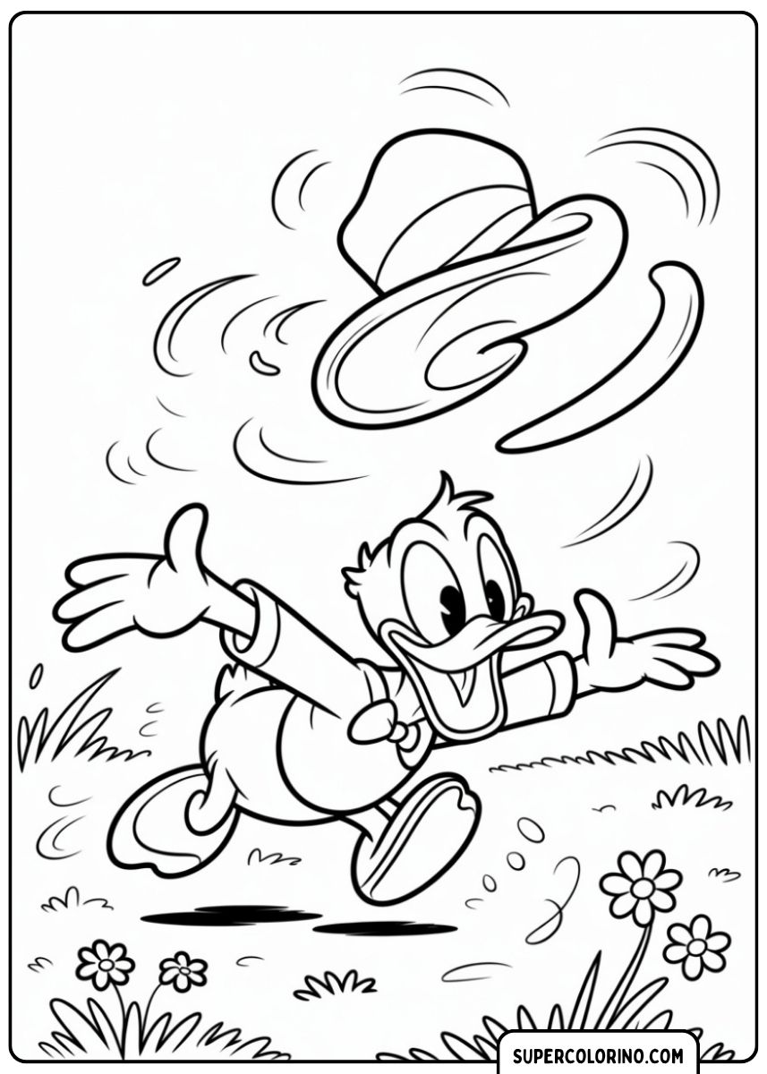 Image à colorier de Donald Duck poursuivant son chapeau époustouflé dans un pré.