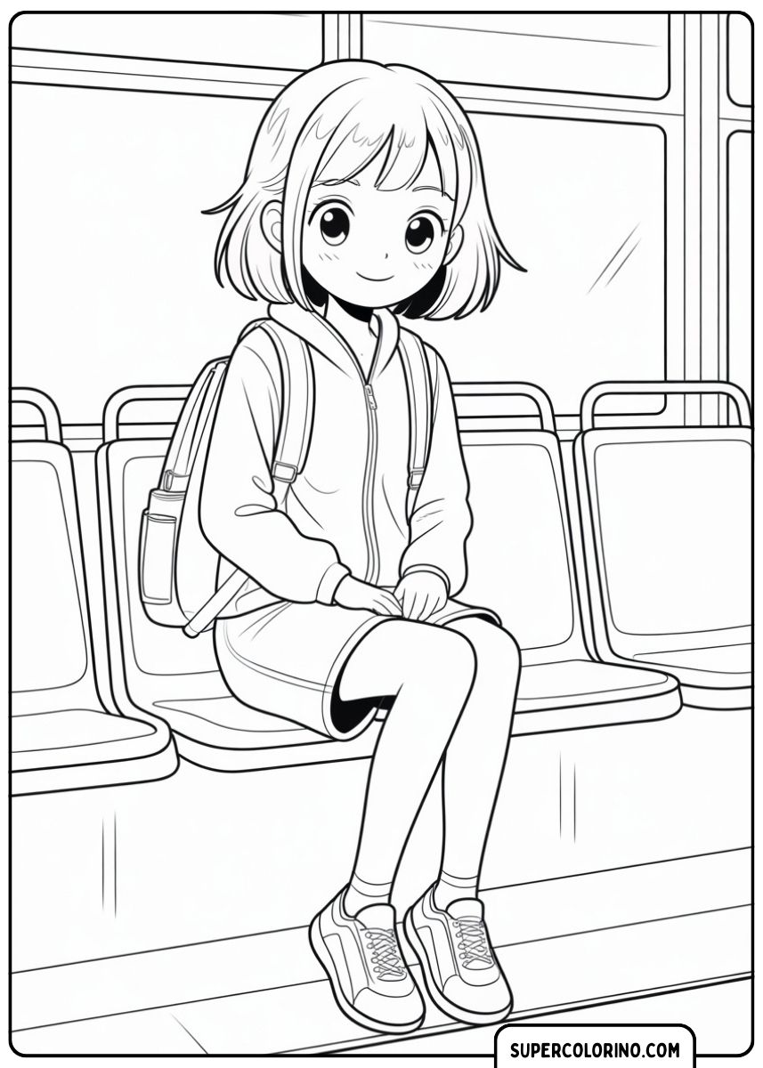 Ein Mädchen sitzt mit ihrem Rucksack im Bus auf dem Weg zur Schule.