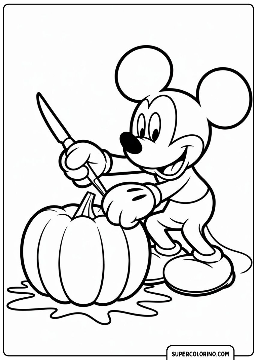 Disegno da colorare di Topolino con una zucca di Halloween