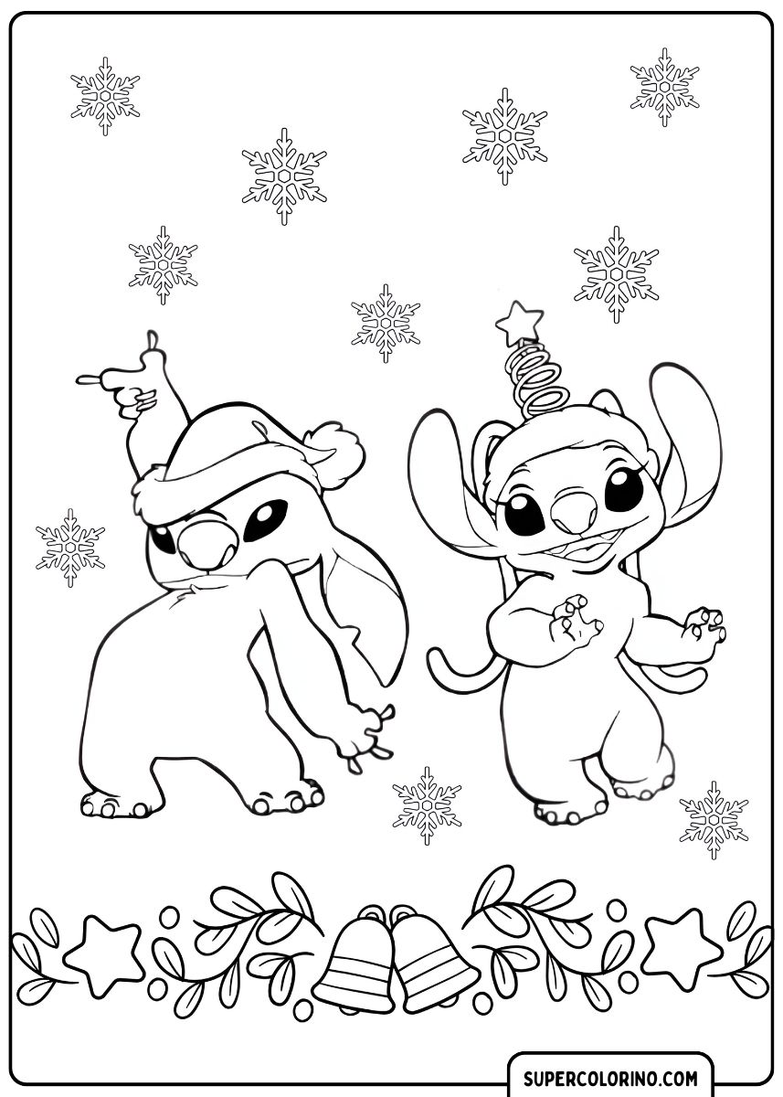 Stitch en Angel dansen samen onder de kerstverlichting