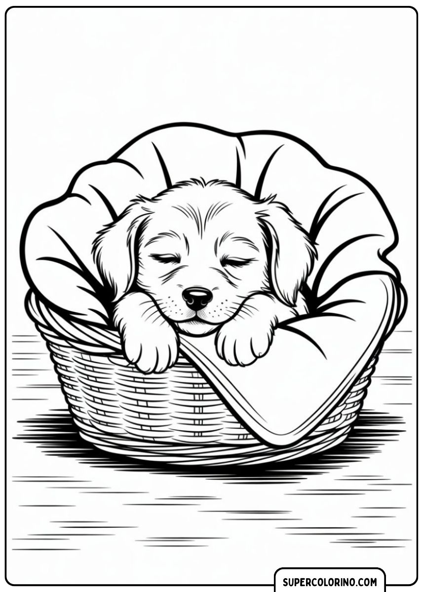 Hund schläft friedlich auf einer Malvorlage.