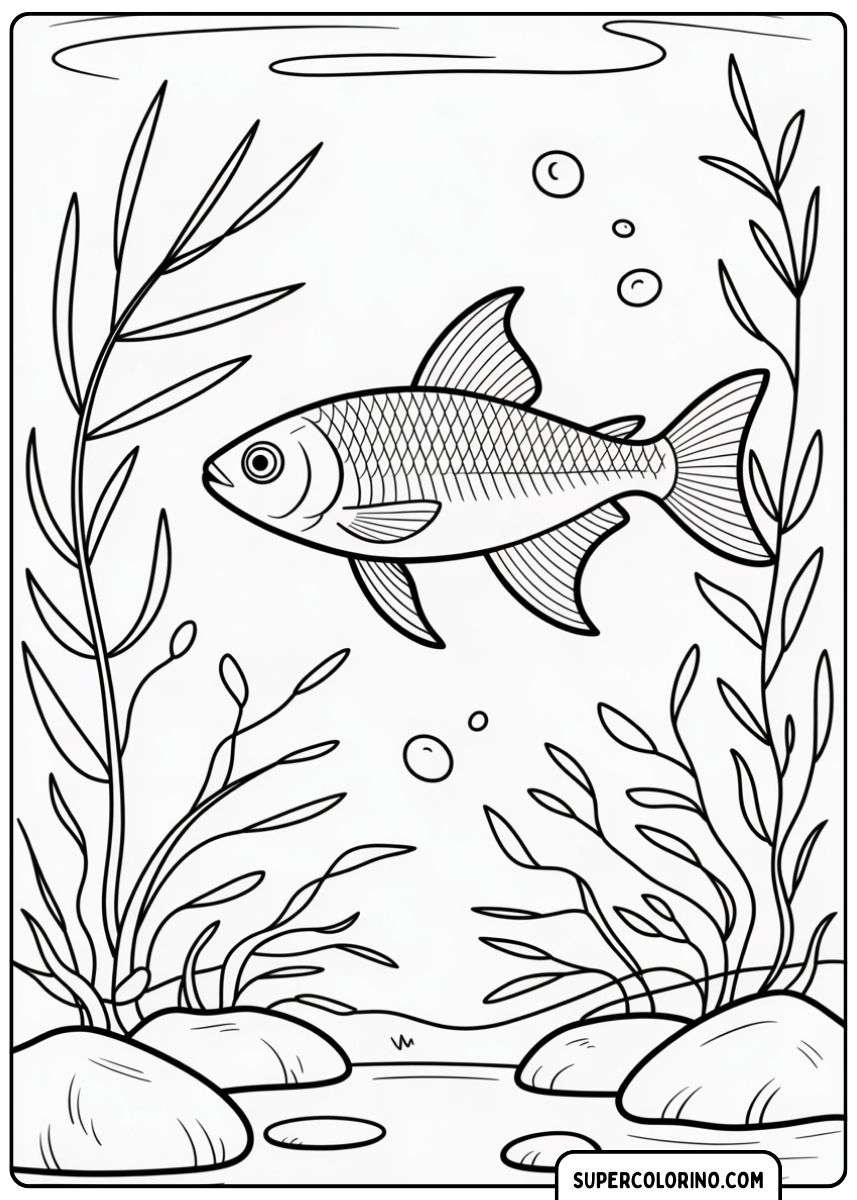 Un poisson nage parmi les algues et les pierres de l'étang.