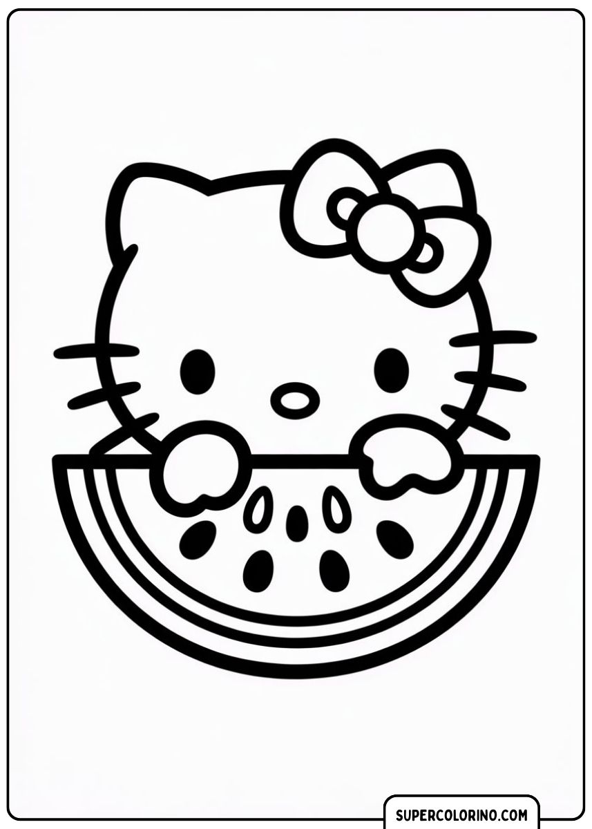 Hello Kitty isst eine Scheibe Wassermelone