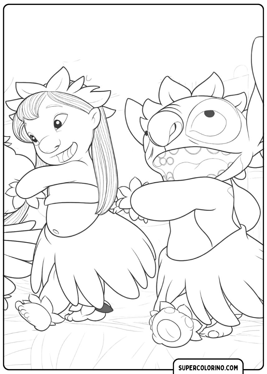 Lilo et Stitch dansent joyeusement ensemble.
