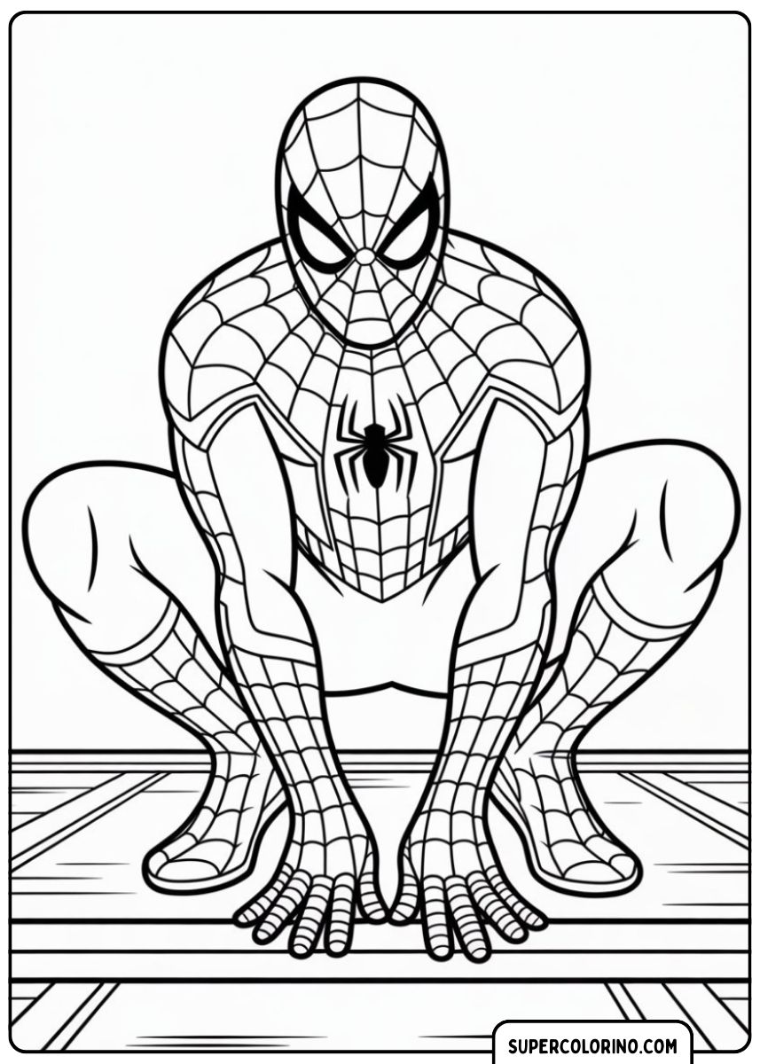 Spider-Man s'accroupit au sol en position d'attaque, les mains prêtes.