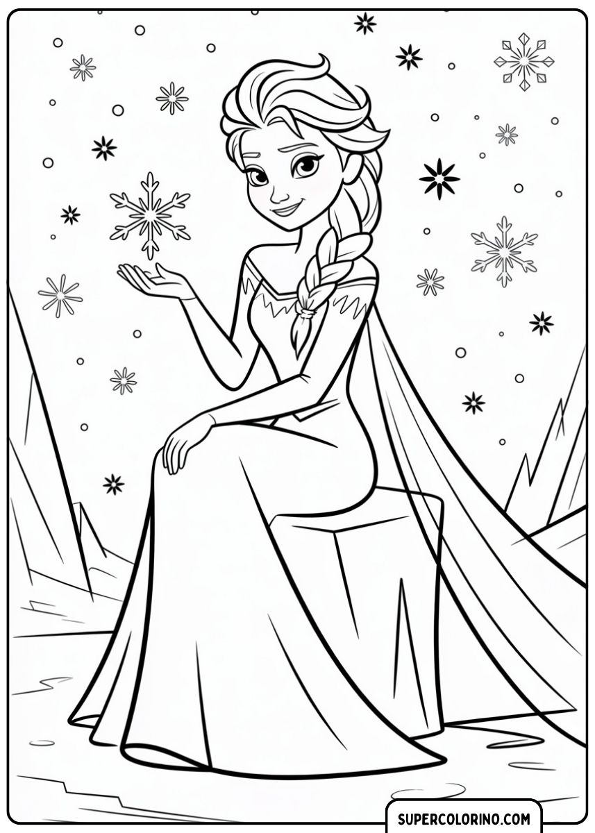 Elsa sitzt elegant auf einem Eisblock und hält eine Schneeflocke in der Hand.