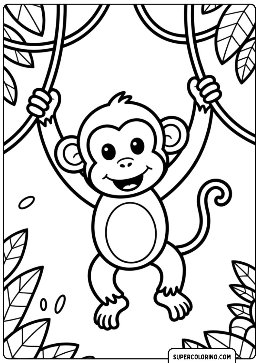 Coloriage Singe de dessin animé mignon accroché à des vignes dans la jungle.